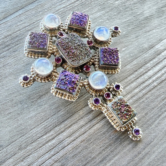 Nicky Butler LIMITED RAJ #66/125 Sterling Silver Druzy Cross Pendant Brooch Pin